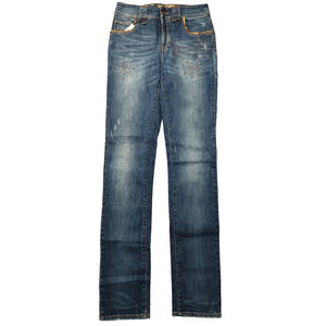 John Galliano Distressed Blue Jeans Embellished Bronze Studded Snow Flakes Sz 26